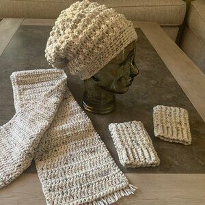 Women's Slouchy Beanie, Scarf & Wrist Warmer Set Hand Crocheted NEW